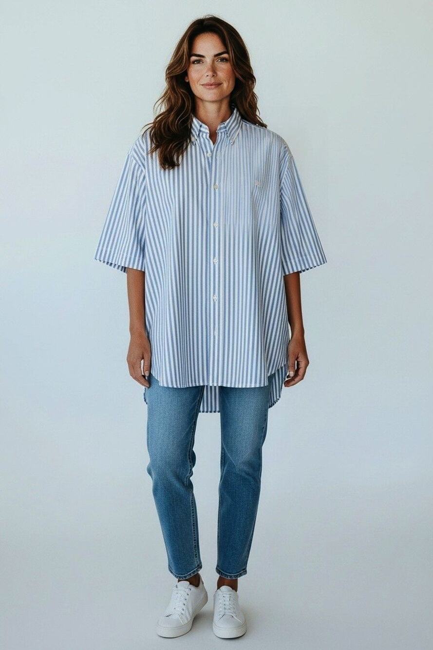 A8 Auth BURBERRY BRIT Blue & White Striped Cotton Short Sleeve Shirt Size XXL